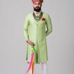 Maharaja Style Lime Green Brocade Silk Sherwani | Regal Ethnic Wear | Jaipurio